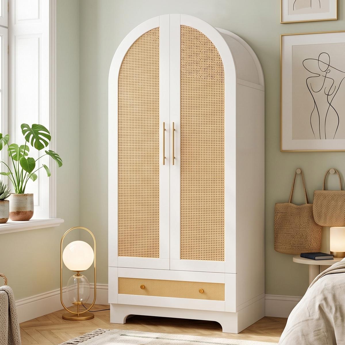 KLEIDERSCHRANK Doppeltüren Kunstrattan Weiß mit Schubladen - Weiß, Holzwerkstoff (70/170/55cm) - Urban Meuble