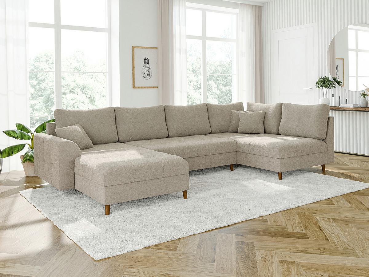 WOHNLANDSCHAFT inkl. Hocker Henrik Beige Boucle - Beige/Braun, Holz/Textil (310/81/161cm) - S-Style