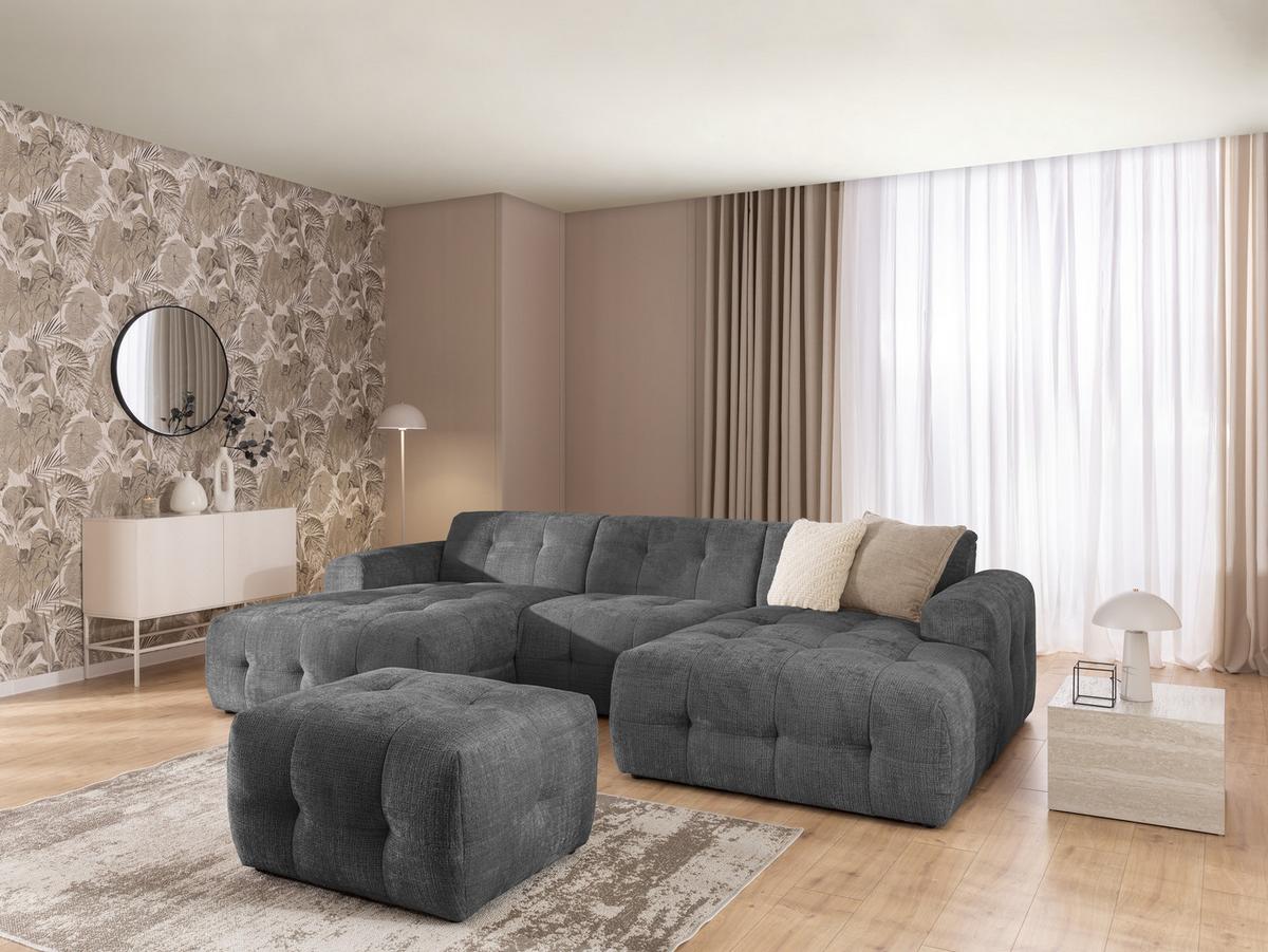 WOHNLANDSCHAFT inkl. Hocker Kozy im Bumpy-Design mit Schlaffunktion und fester Rückenlehne aus weichem Grau Chenille-Stoff - Schwarz/Grau, Holz/Kunststoff (323/79/161cm) - S-Style