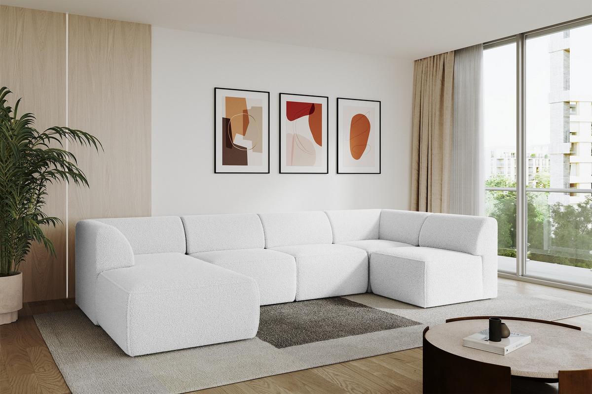 WOHNLANDSCHAFT Ottomane Links MOVO-L 345x180x78 cm Weiß Bouclé - Weiß, Holzwerkstoff/Kunststoff (345/78/180cm) - ALTDECOR