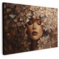 LEINWANDBILD Gesicht - Dame - Blätter - Pinselstriche XXL 150x100 cm - Goldfarben, Textil (150/100cm) - MuchoWow