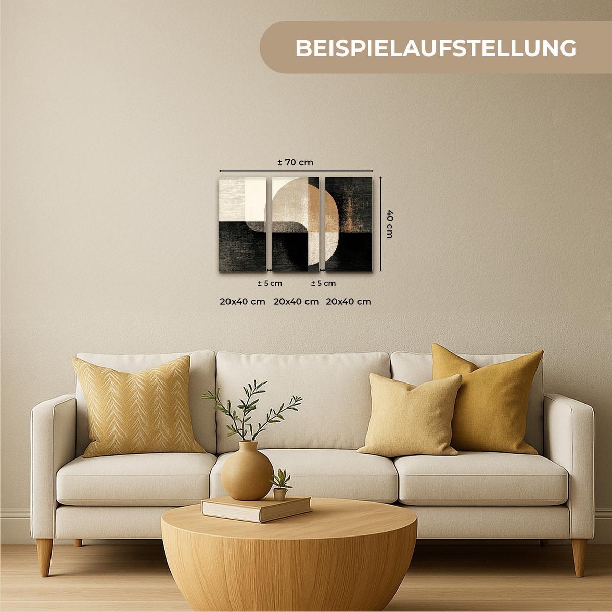 LEINWANDBILD 3er Set Formen - Abstrakt - Gold 60x40 cm - Schwarz, Textil (60/40cm) - MuchoWow