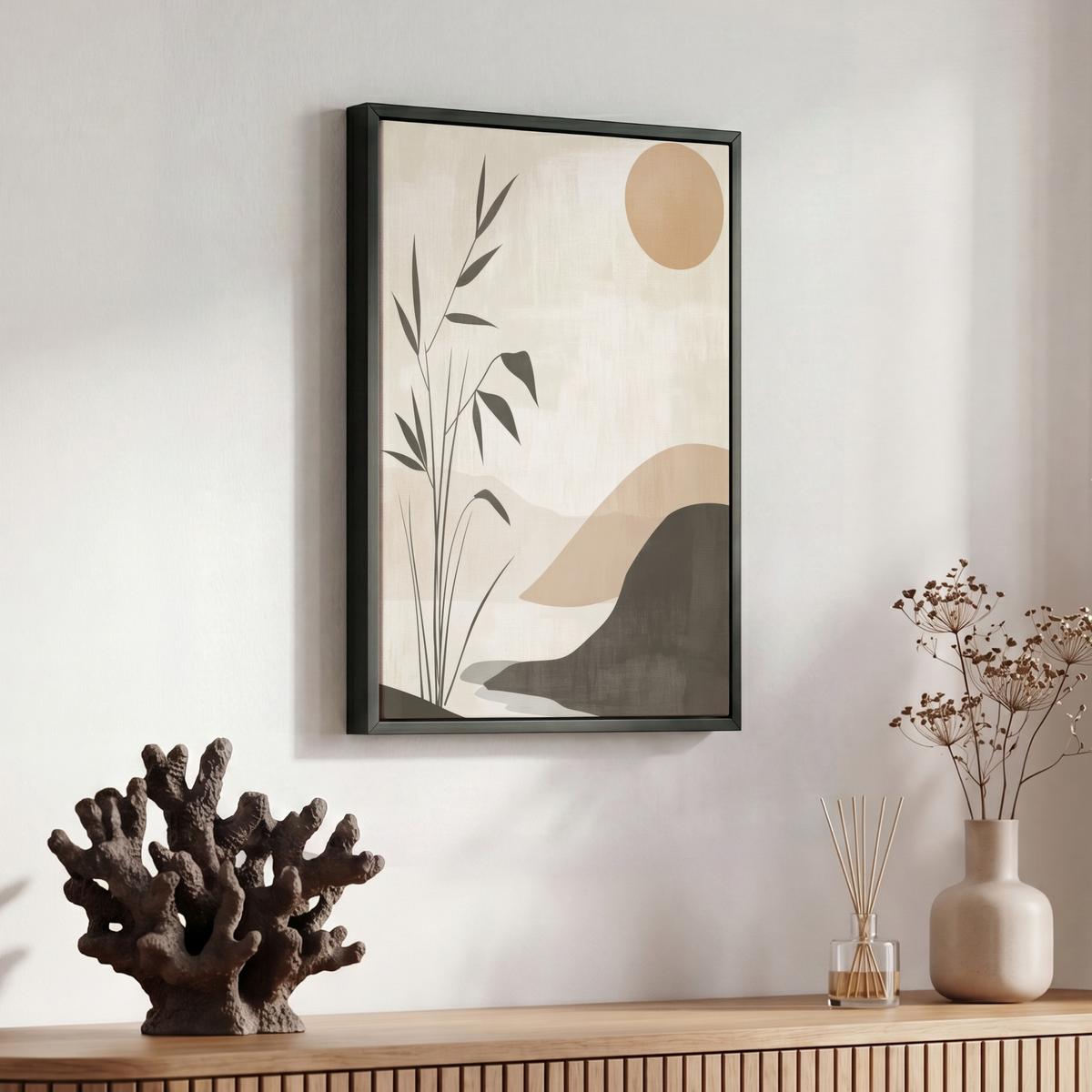 LEINWAND Bilder mit Rahmen - Japandi - Landschaft - Beige - 30x40 - Cognac, Textil (30/40cm) - MuchoWow