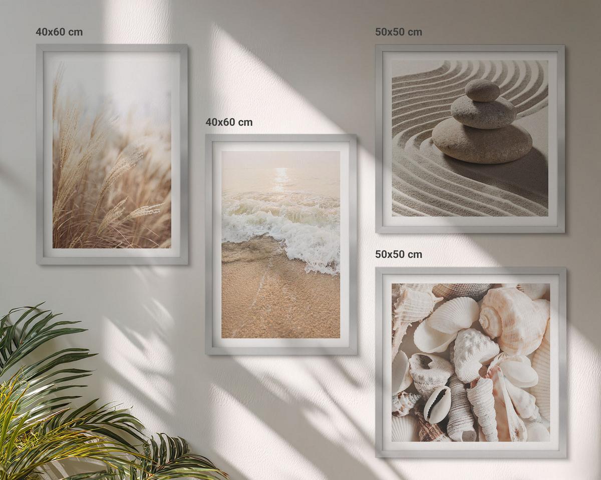 BILDER SET 4er Set - 50x50 cm & 40x60 cm Silberner Rahmen - Strandmotive, Muscheln, Wellen - Silberfarben, Kunststoff (50/50cm) - TULUP