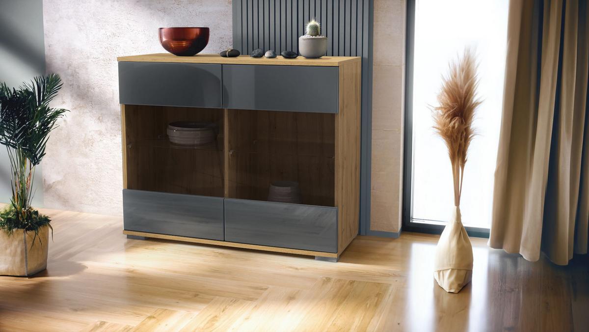 KOMMODE Bari Grau Hochglanz - Grau, Holzwerkstoff (92.5/75.5/35cm) - Vladon