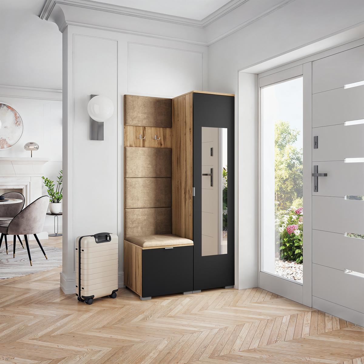 GARDEROBENSCHRANK VIRA 95/181/51 cm Modern Garderobe-Set Eiche Wotan - Eiche Wotan/Schwarz, Holzwerkstoff (95/181/51cm) - MASSENO