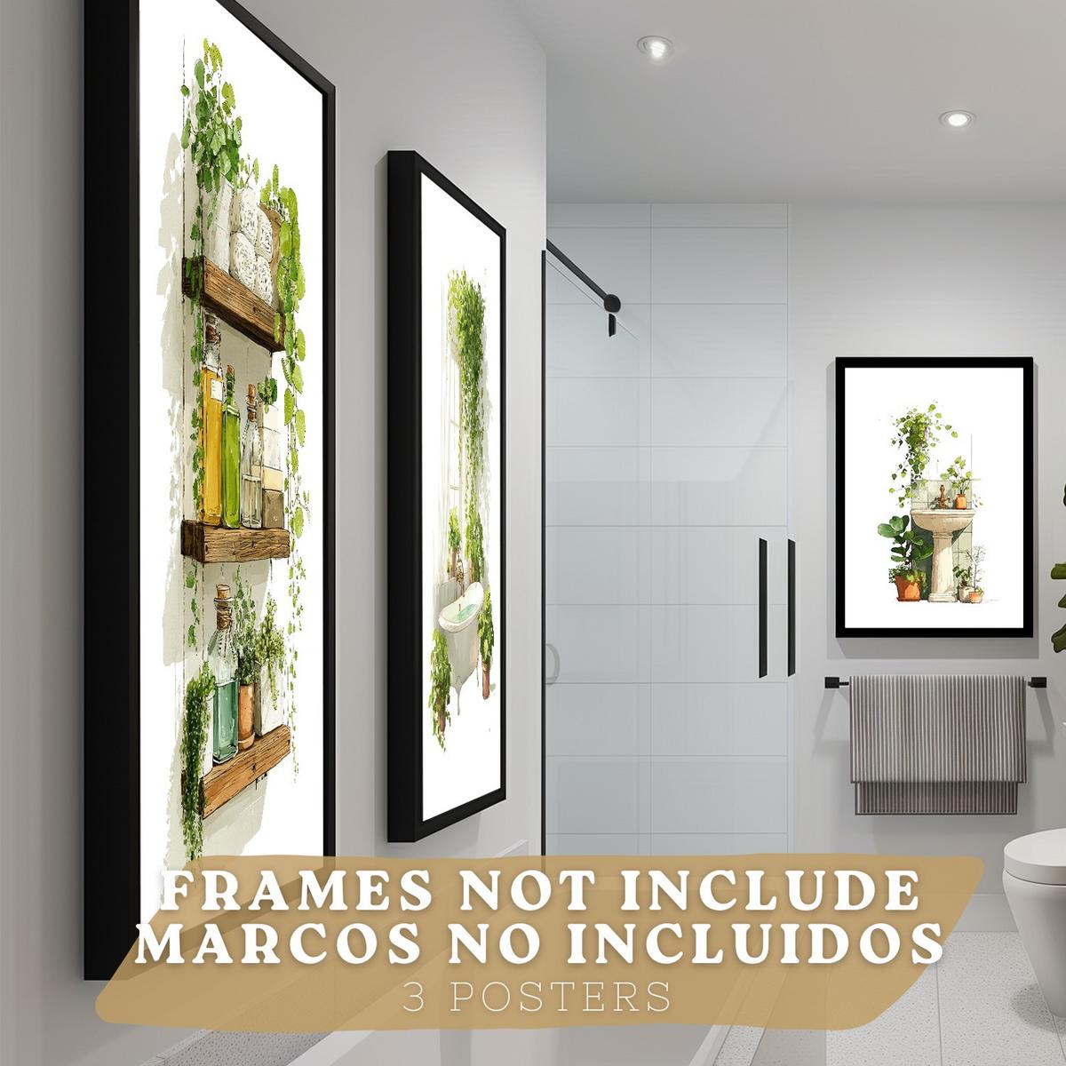 POSTER 3er-Set dekorative Badezimmerbilder, Wanddeko, minimalistische Badezimmerbilder im botanischen Stil, für, Toilette, grüne Pflanzen Rahmenlos A4 - Klar, Papier (29.7/21/3cm) - Nacnic