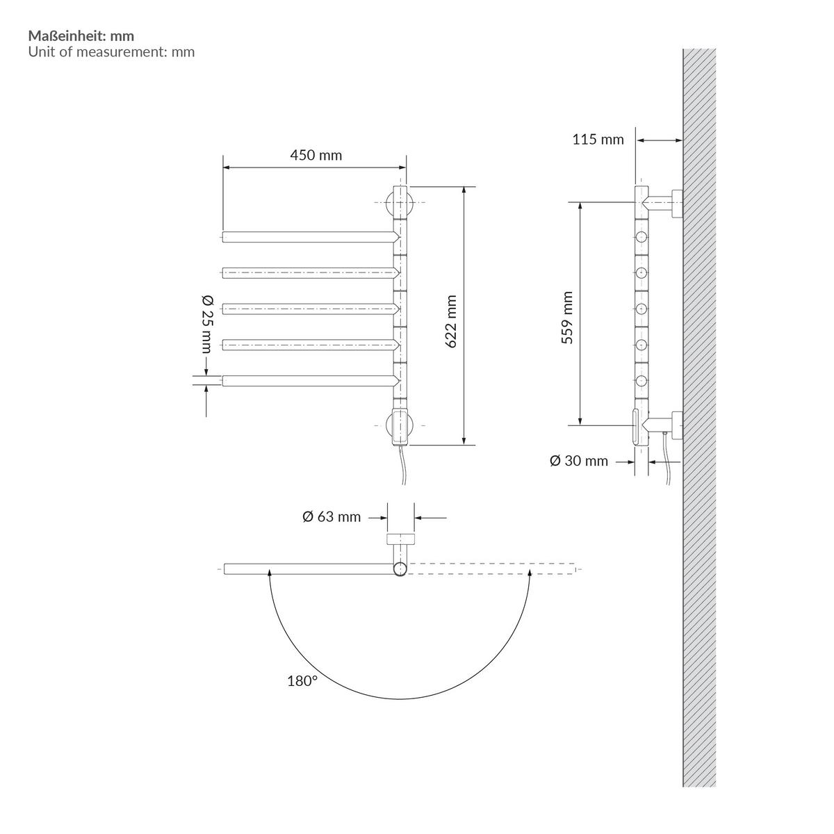 HANDTUCHWÄRMER Elektrisch Weiß 75W 450x622 mm 180° drehbar - Weiß, Metall (45/62.2/3cm) - LuxeBath