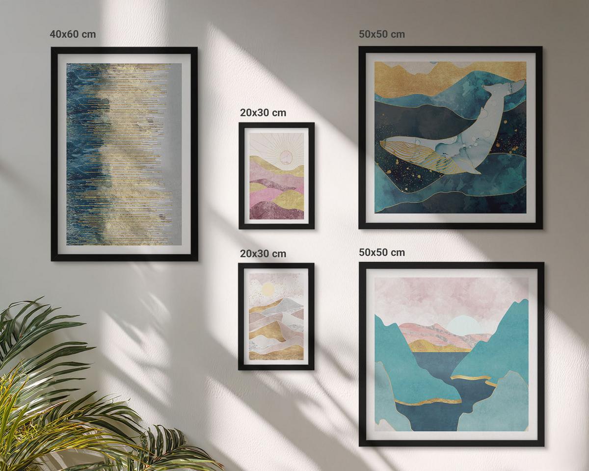BILDER SET 5er Set - 50x50 cm & 20x30 cm & 40x60 cm Schwarzer Rahmen - Abstrakte Berge Sonne - Schwarz, Kunststoff (40/60cm) - TULUP