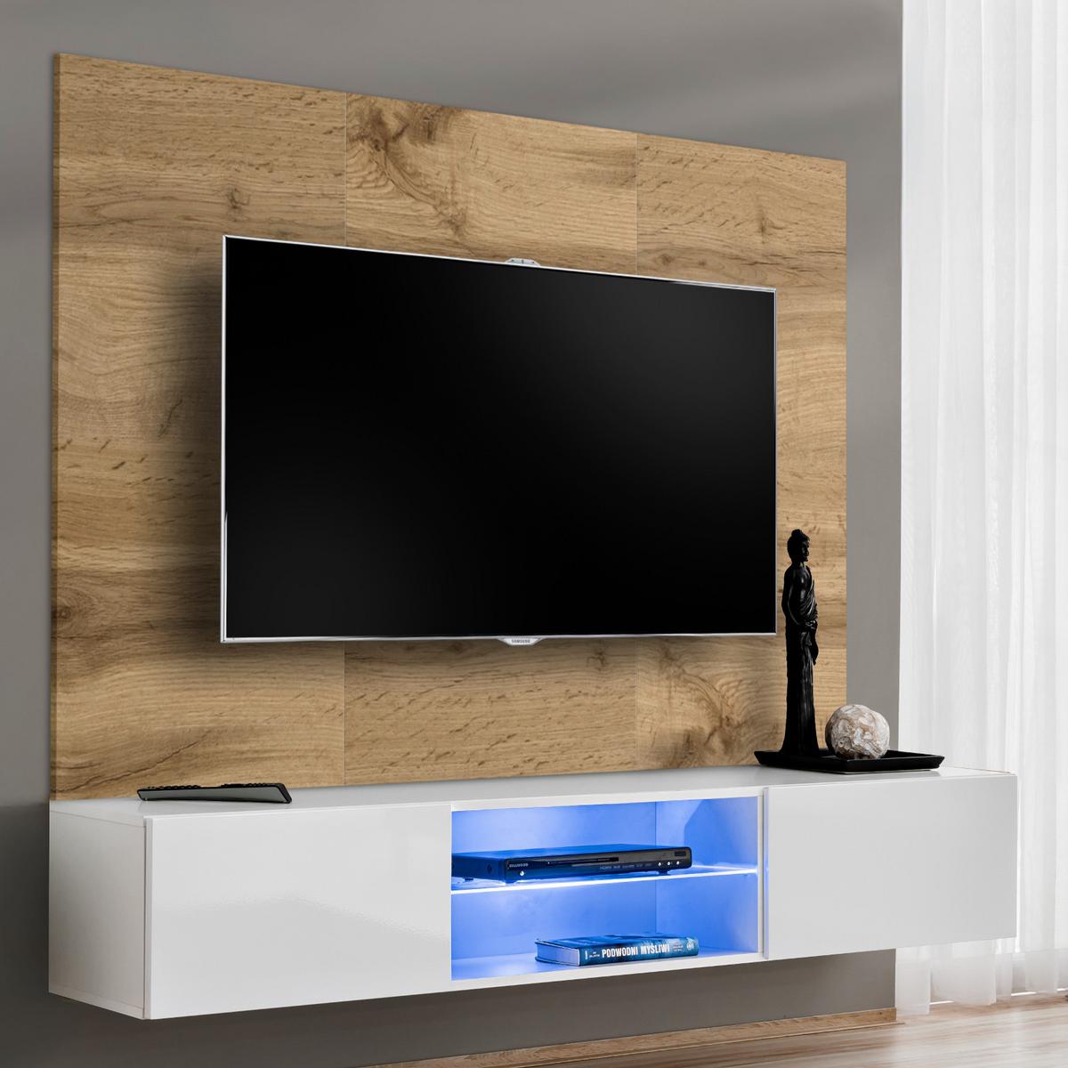 TV-LOWBOARD Eiche Wotan und weiß 180 cm hängend, Set inklusive LED-Beleuchtung - Eiche Wotan/Weiß, Glas/Holzwerkstoff (180/148/40cm) - Inn.Furn