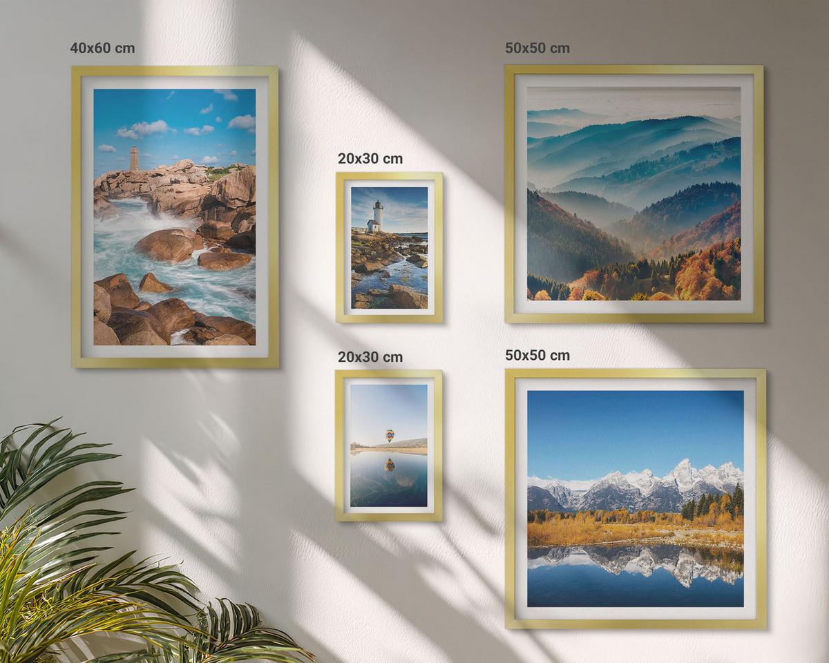 BILDER SET 5er Set - 50x50 cm & 20x30 cm & 40x60 cm Goldrahmen - Ausblicke auf die Natur, Leuchtturm, Berge - Goldfarben, Kunststoff (40/60cm) - TULUP