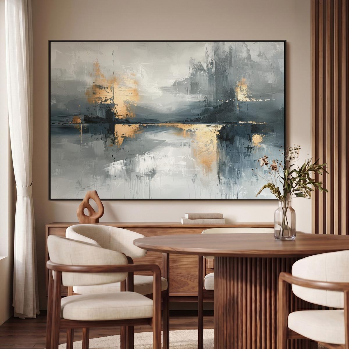 LEINWAND Bilder mit Rahmen - Kunst - Grau - Gold - Abstrakt - 150x100 - Dunkelgrau, Textil (150/100cm) - MuchoWow
