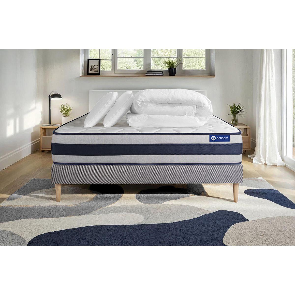 BETT Actimemo ergo Memory-Schaum 140 x 200 cm h3 - Kit Bettgestell Grau - Mit Kissen und Bettdecke - Beige/Grau, Karton/Holz (140/200cm) - ACTISOM