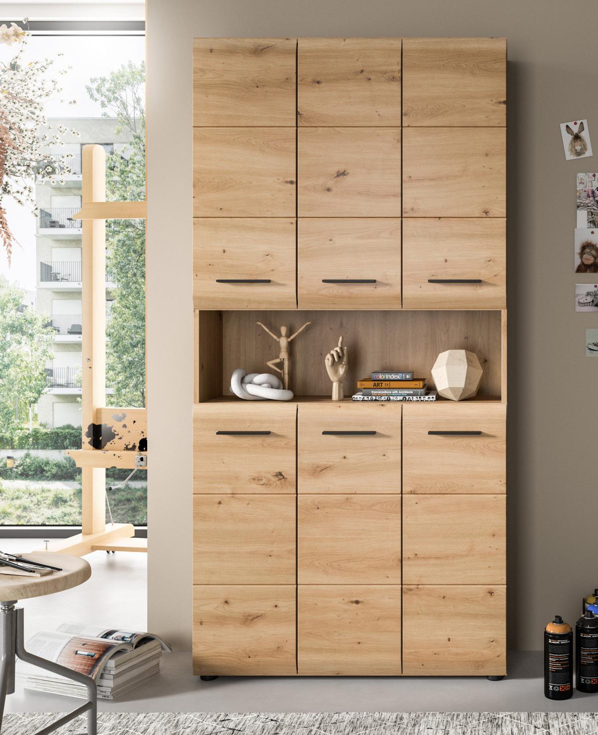 HOCHSCHRANK Eiche Artisan, Badschrank Mehrzweckschrank 6-türig 90 x 185 cm - Schwarz/Eiche Artisan, Holzwerkstoff/Kunststoff (90/185/30cm) - Inn.Furn