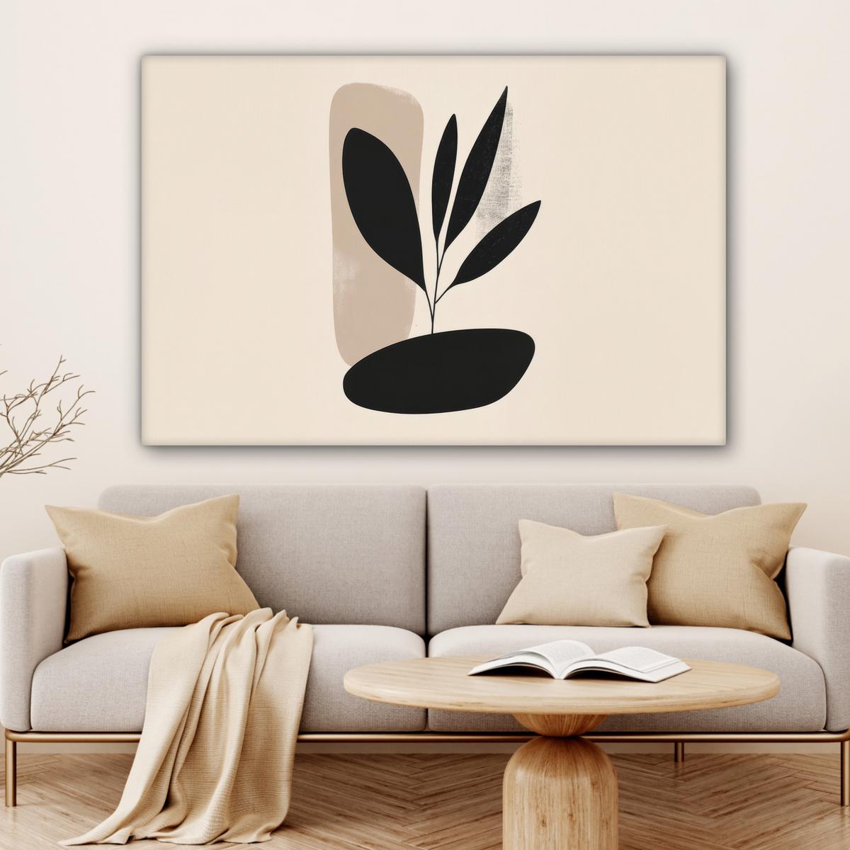 LEINWANDBILD Pflanze - Beige - Japanisch Wohnzimmer Groß 120x80 cm - Schwarz, Textil (120/80cm) - MuchoWow