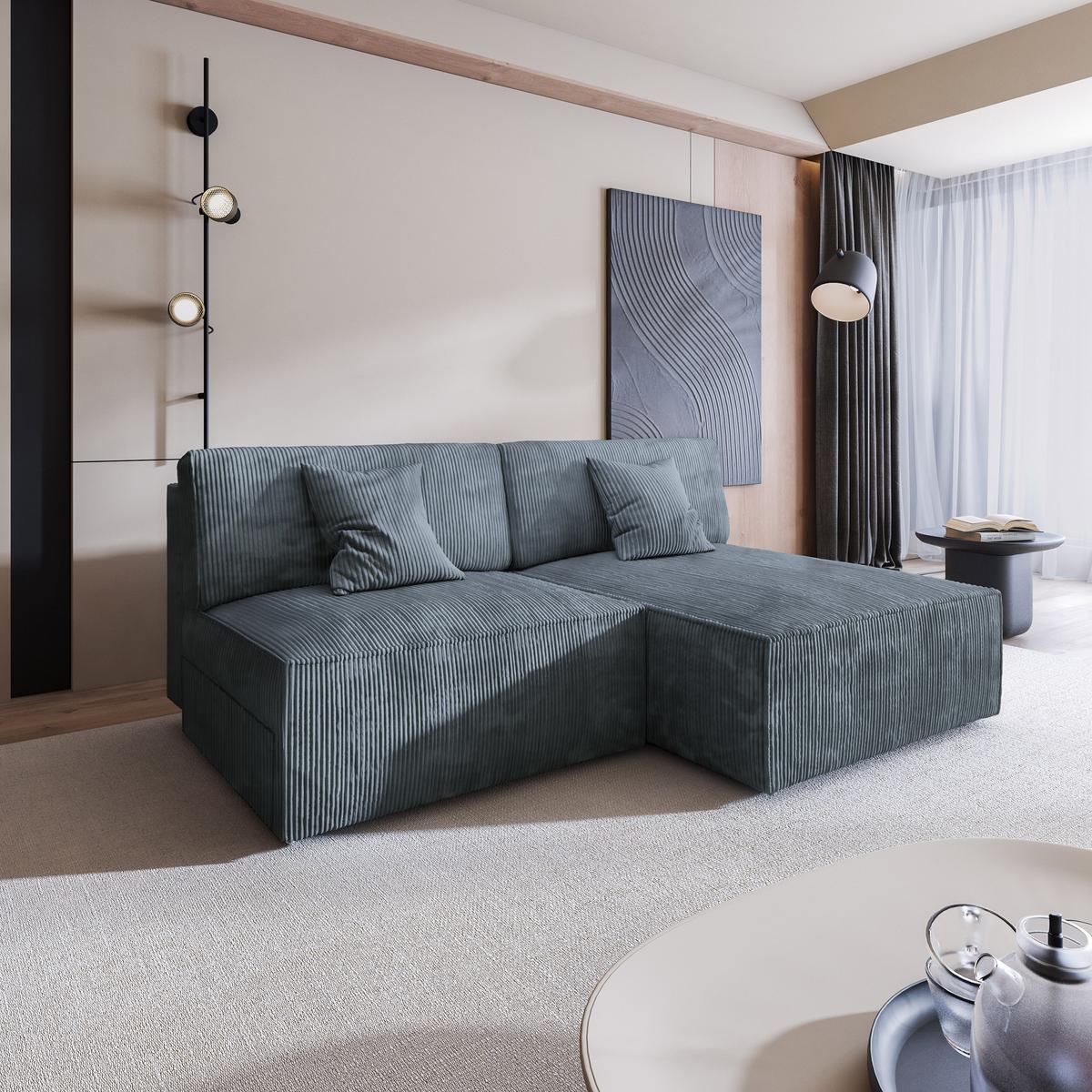 ECKSOFA FIORO P Grau Kordstoff mit Schlaffunktion - Grau, Holz/Kunststoff (204/148cm) - MASSENO