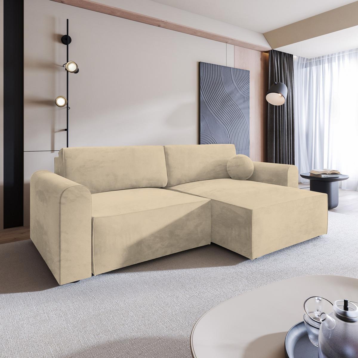 ECKSOFA FIANO M Creme Velours-Stoff mit Schlaffunktion - Creme/Grau, Holz/Kunststoff (245/148cm) - MASSENO