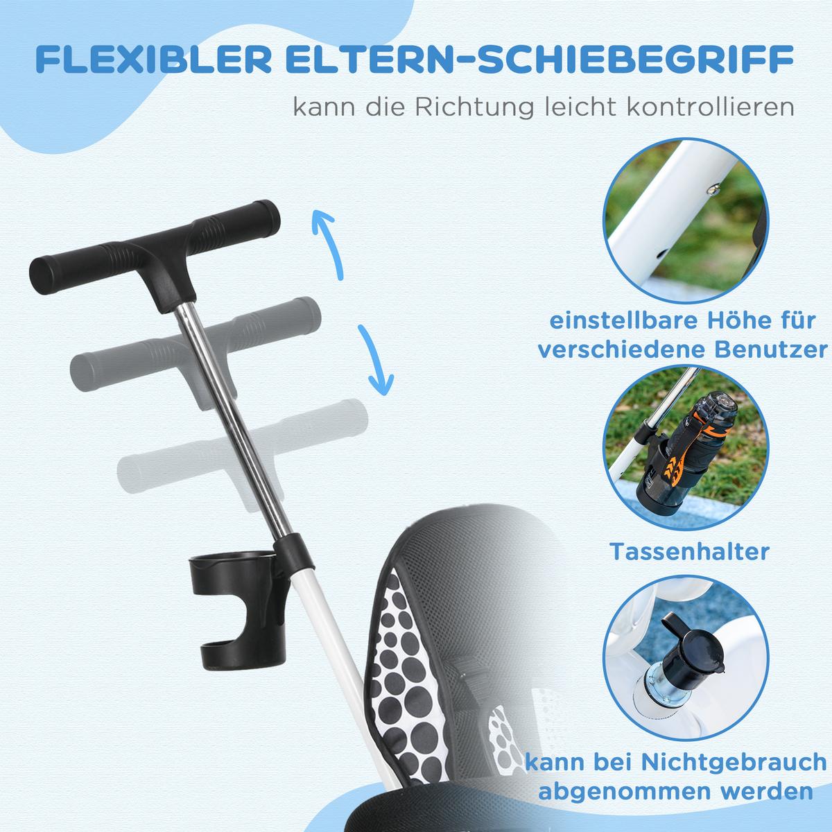 6-IN-1 Dreirad mit Schubstange, Kinderdreirad mit abnehmbarem Sonnendach Weiß - Weiß, Metall (105/47/98cm) - HOMCOM