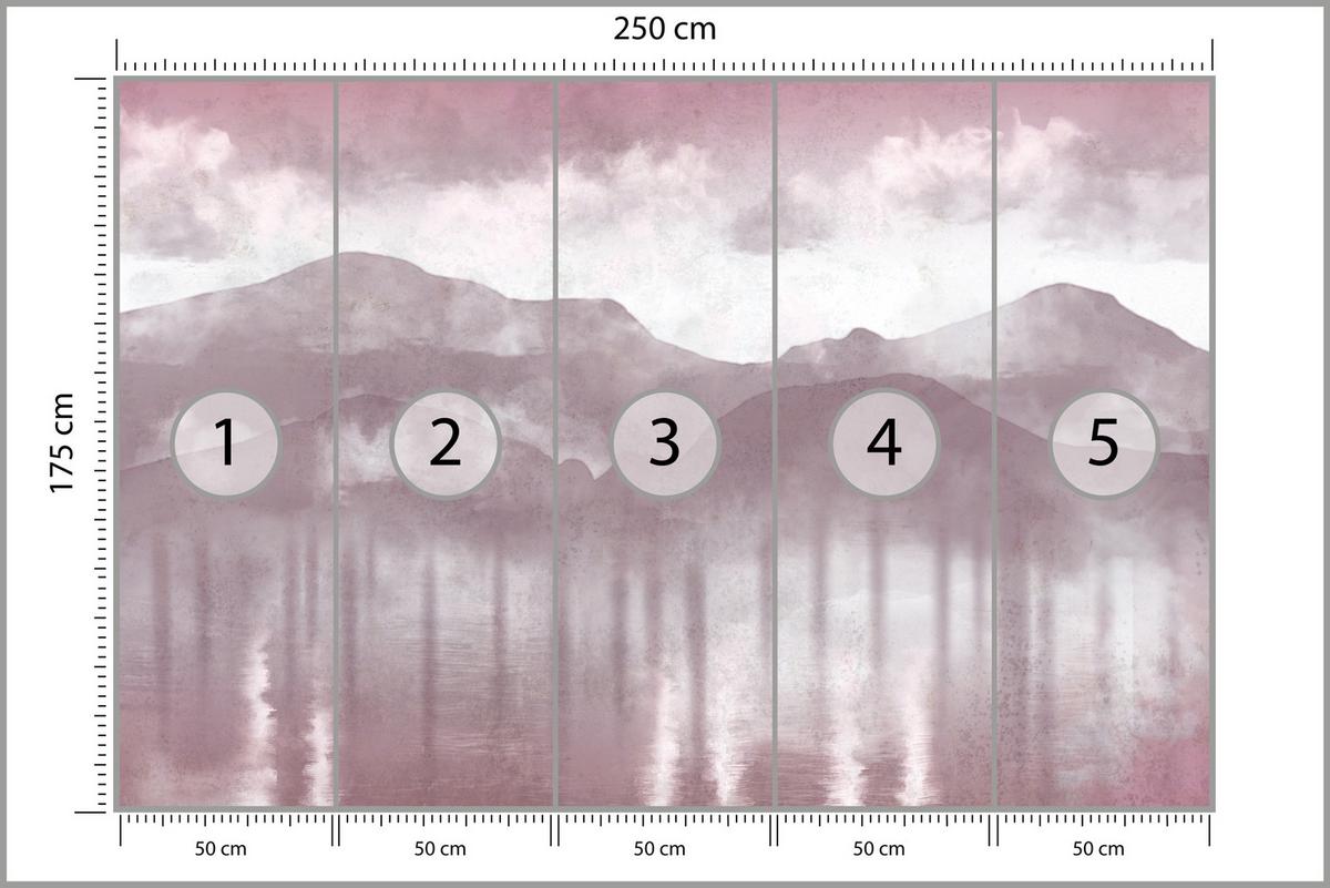 FOTOTAPETE Neblige violette Landschaft Berge 250x175 - Violett/Rosa, Papier (250/175cm) - Muralo