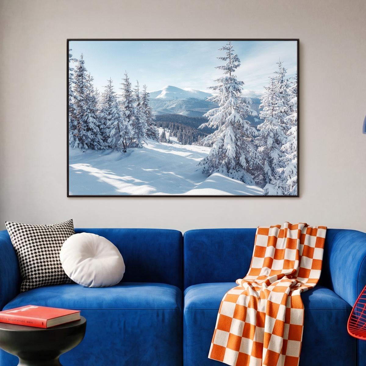 LEINWAND Bilder mit Rahmen - Winterlandschaft - Natur - Berge - Bäume - Schnee - 90x60 - Hellblau, Textil (90/60cm) - MuchoWow