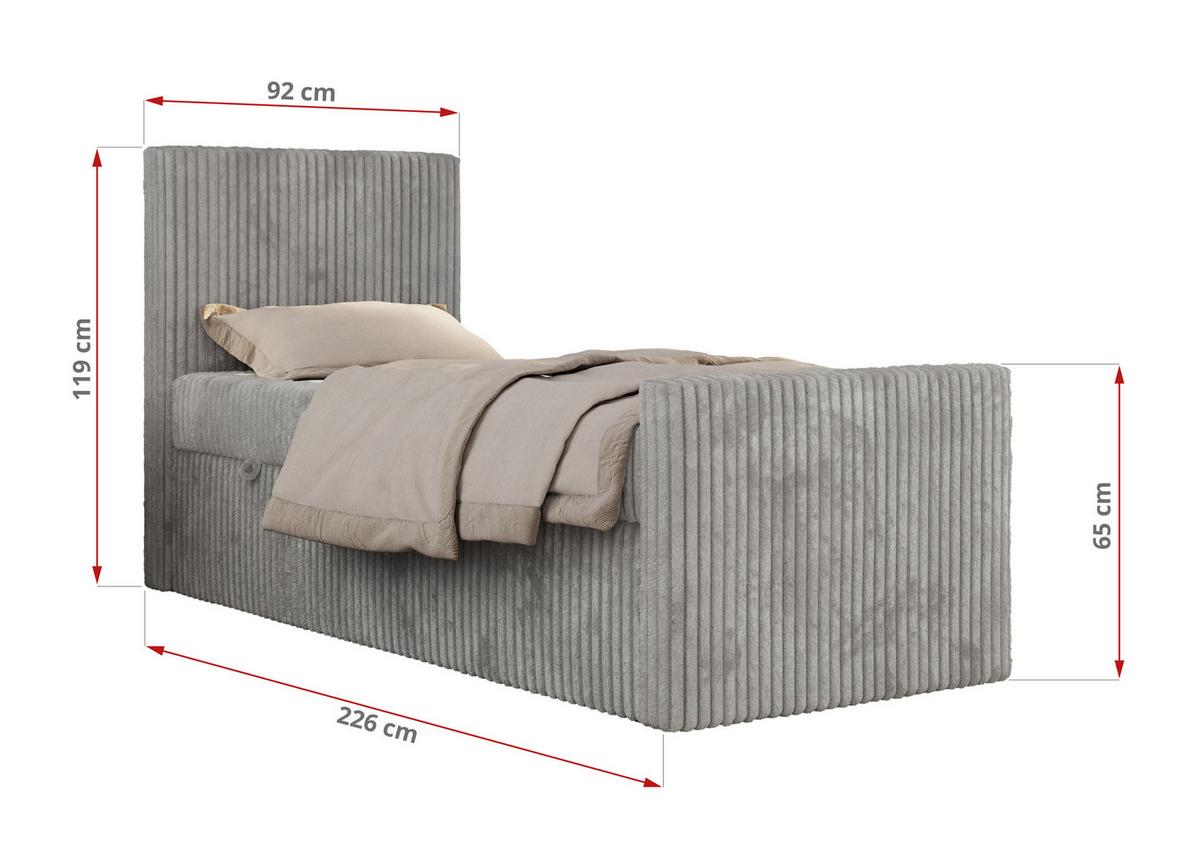 JUGENDBETT TILIO DUO 90/200 - Hellgrau Cord - H3 - Rechts Seite - Hellgrau, Textil (90/200cm) - MKS