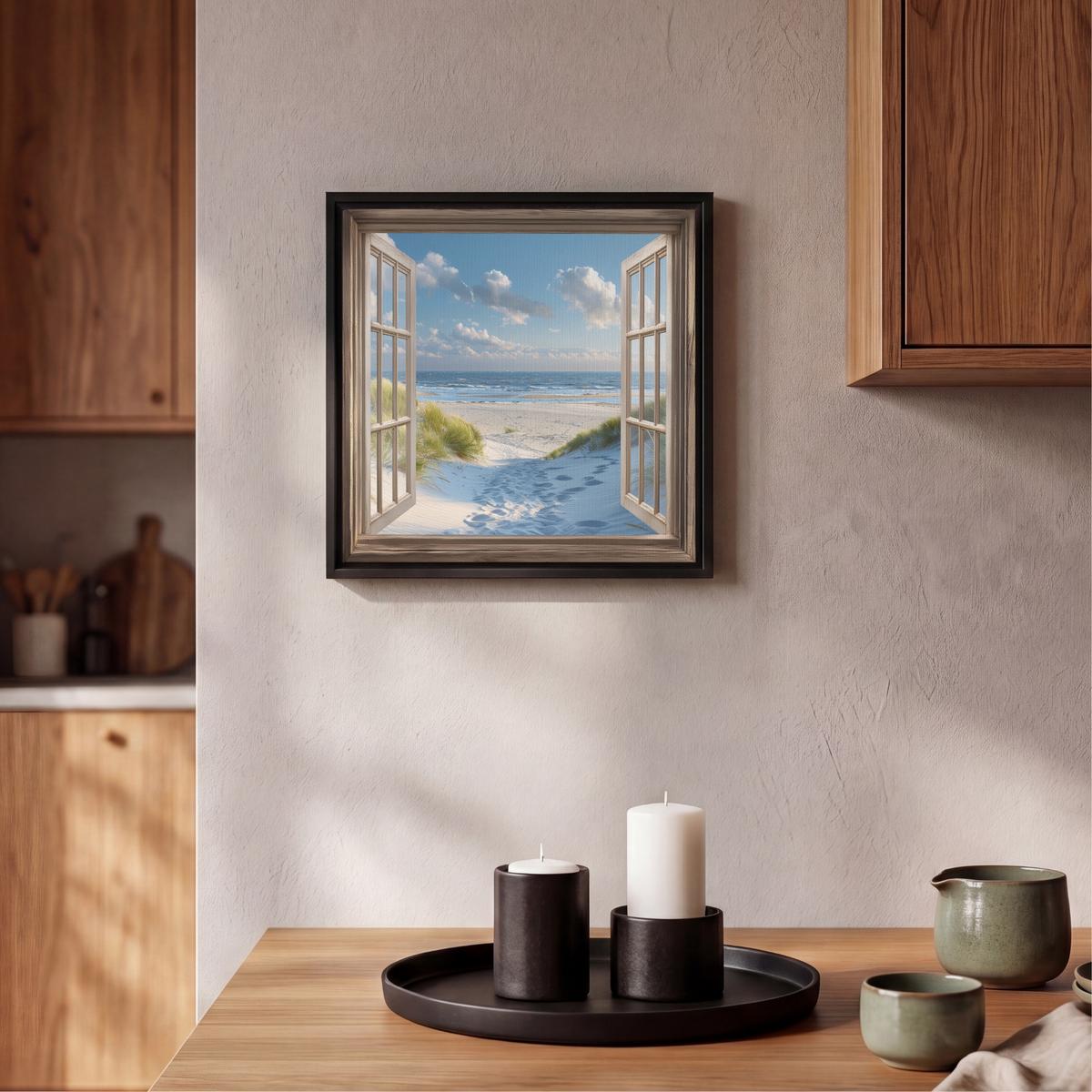 LEINWAND Bilder mit Rahmen - Aussicht - Strand - Fenster - Dünen - Meer - 20x20 - Hellblau, Textil (20/20cm) - MuchoWow
