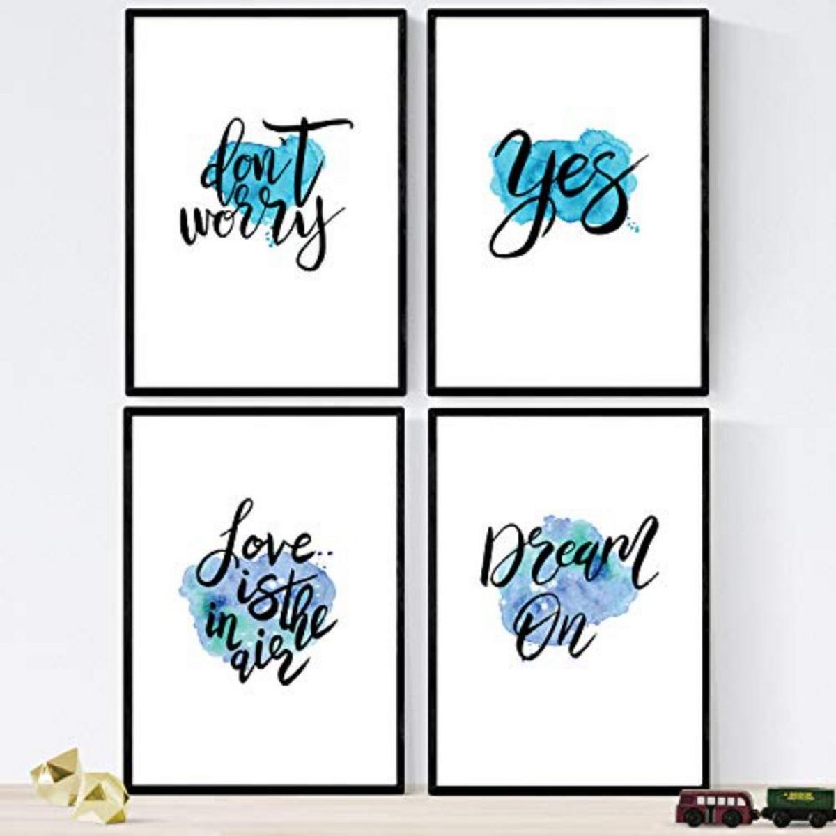 POSTER Set mit 4 glücklich und bunt Love Is In The Air A4 Schwarzer Rahmen - Schwarz, Papier (29.7/3cm) - Nacnic