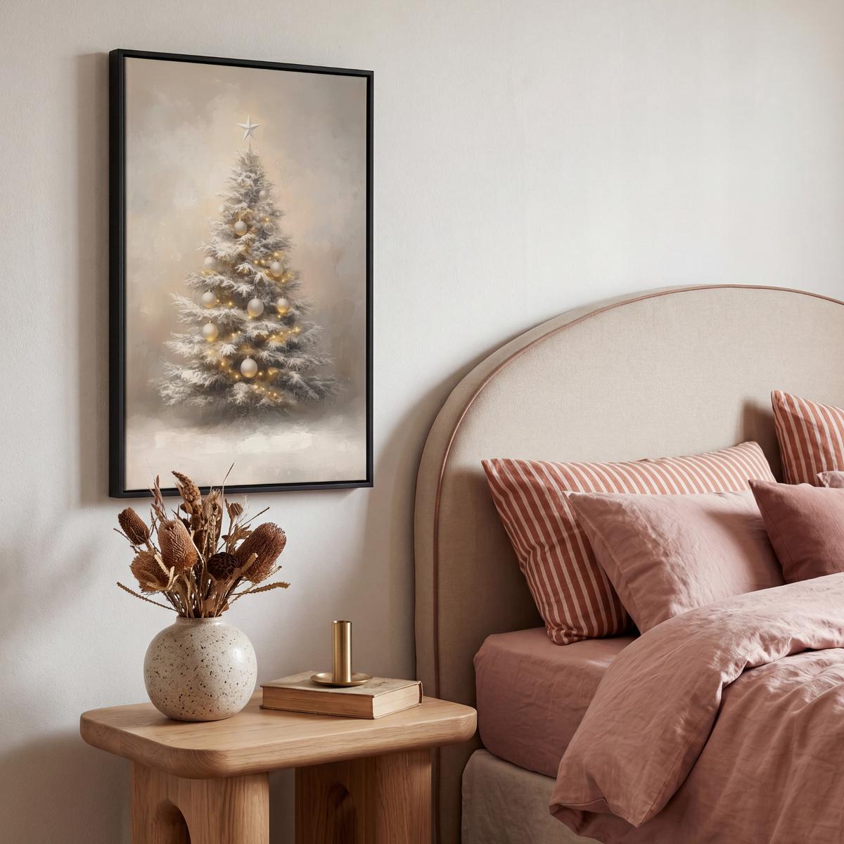 LEINWAND Bilder mit Rahmen - Weihnachten - Weihnachtsbaum - Schnee - Kunst - 40x60 - Champagner, Textil (40/60cm) - MuchoWow