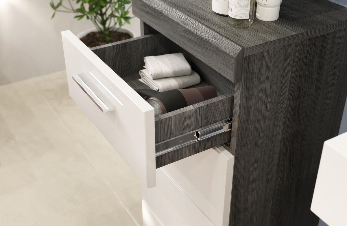 HOCHSCHRANK weiß Hochglanz, grau 190 cm, Badschrank Türanschlag wechselbar - Weiß Hochglanz/Silberfarben, Holzwerkstoff/Kunststoff (37/191/31cm) - Inn.Furn