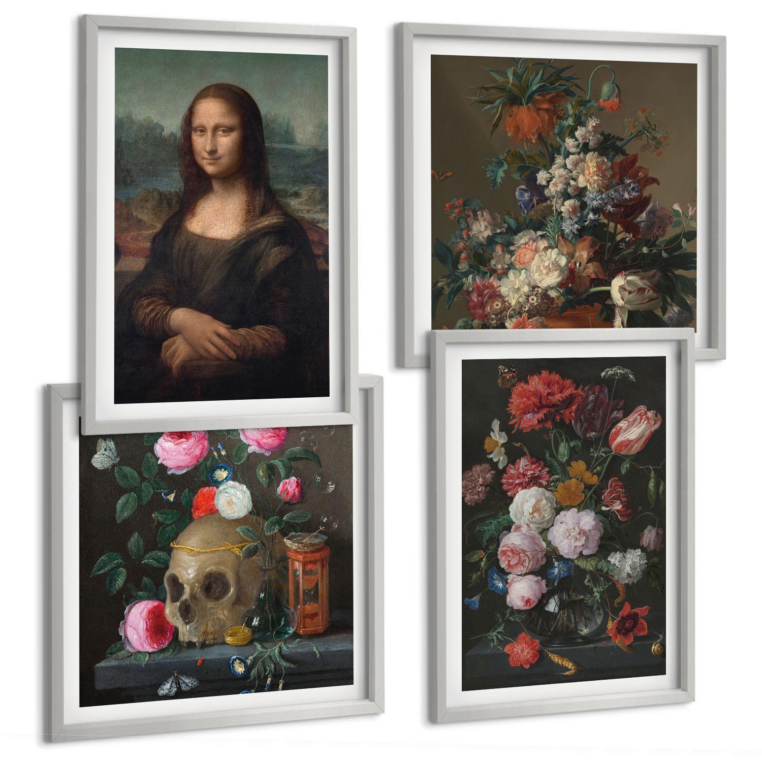 BILDER SET 4er Set - 50x50 cm & 40x60 cm Silberner Rahmen - Vintage Blumen Totenkopf Mona Lisa - Silberfarben, Kunststoff (50/50cm) - TULUP