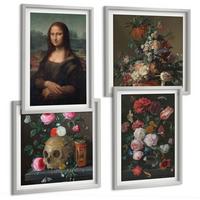 BILDER SET 4er Set - 50x50 cm & 40x60 cm Silberner Rahmen - Vintage Blumen Totenkopf Mona Lisa - Silberfarben, Kunststoff (50/50cm) - TULUP