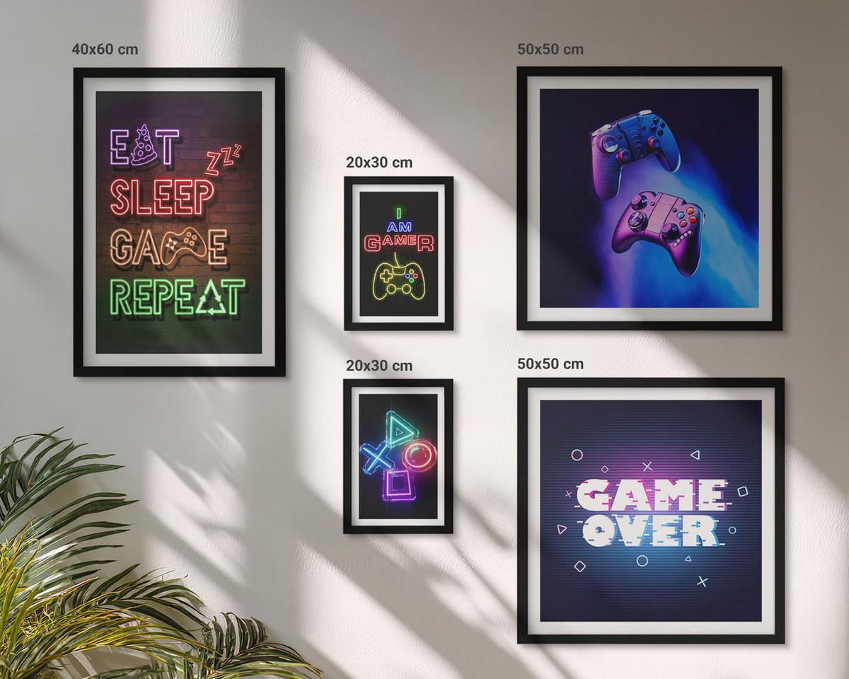 BILDER SET 5er Set - 50x50 cm & 20x30 cm & 40x60 cm Schwarzer Rahmen - Gamepads, Spielersymbol-Untertitel - Schwarz, Kunststoff (40/60cm) - TULUP