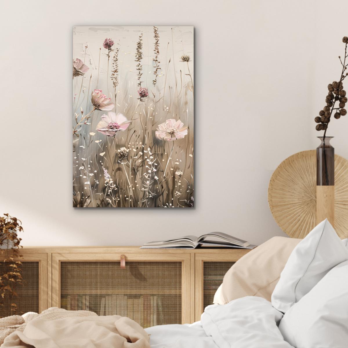 METALLBILD Blumen - Rosa - Modern - Beige Deko Schlafzimmer 40x60 cm - Beige, Metall (40/60cm) - MuchoWow