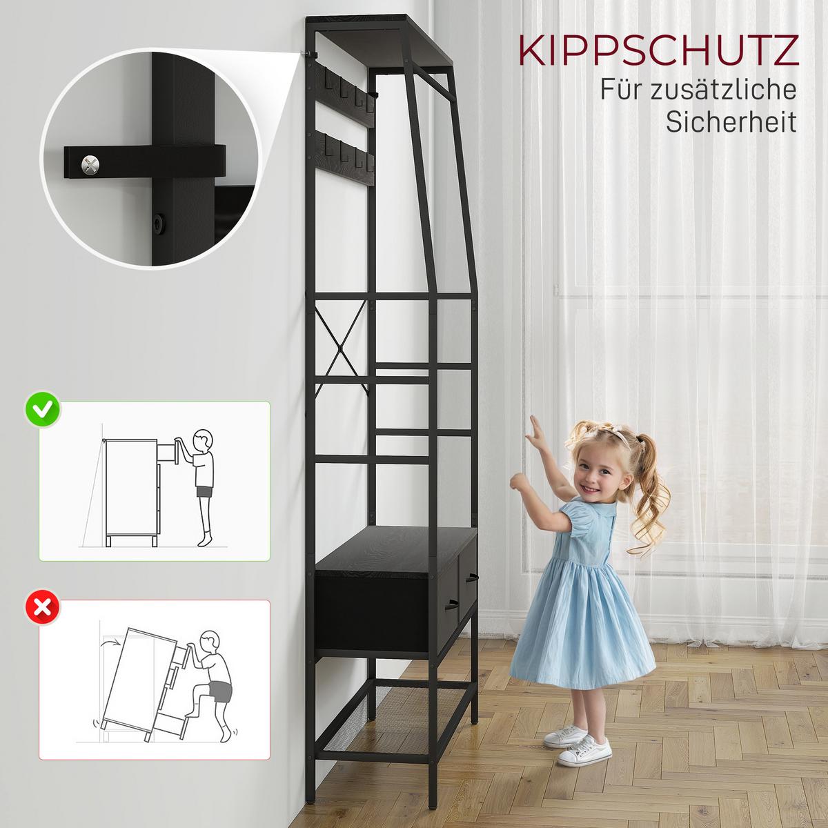 GARDEROBENSTÄNDER, Kleiderständer mit Schuhregal, 2 Schubladen, Garderobe - Schwarz, Holzwerkstoff (30/180.5/80cm) - HOMCOM