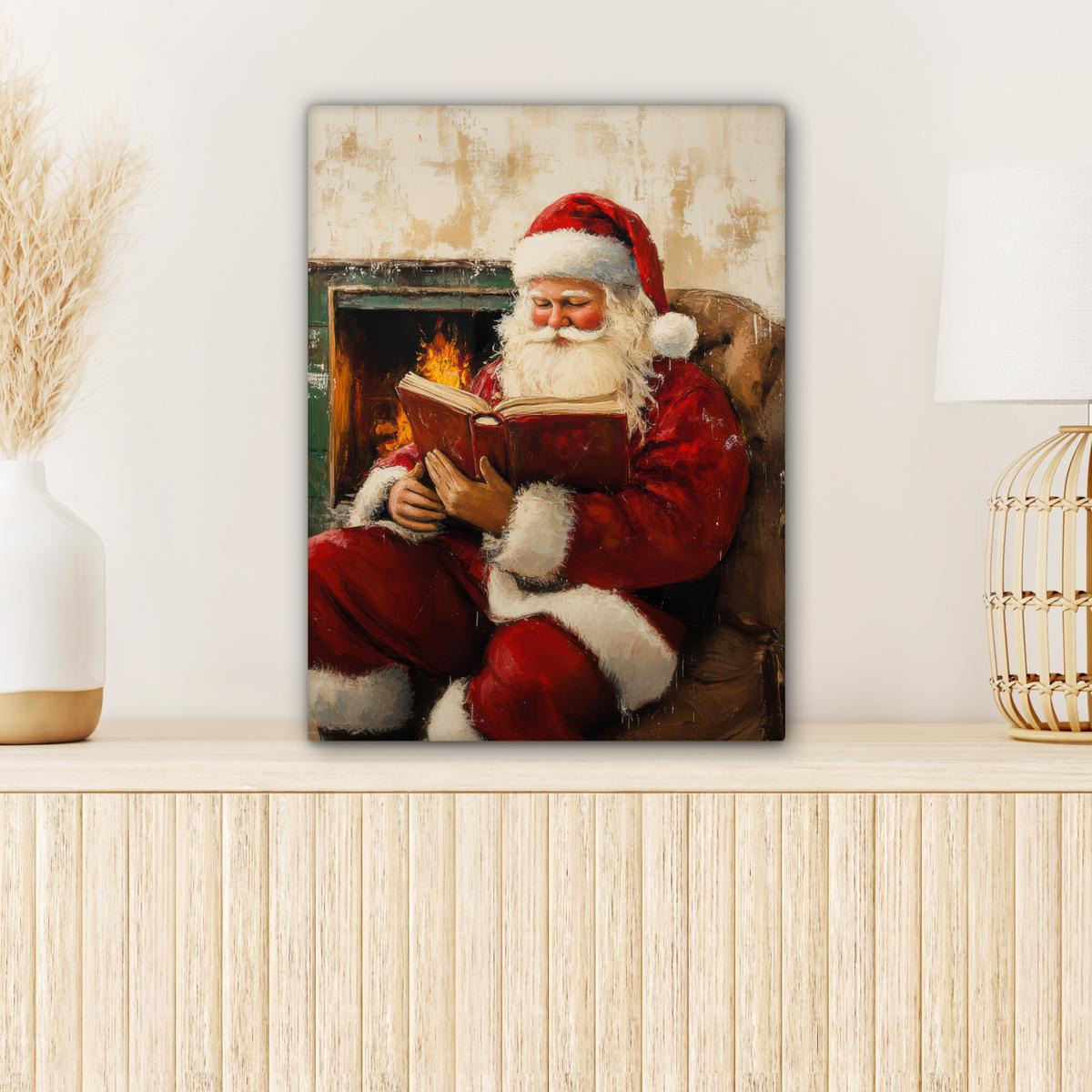 LEINWANDBILD Weihnachten - Weihnachtsmann - Winter - Open Fireside Room Decor 30x40 cm - Dunkelrot, Textil (30/40cm) - MuchoWow