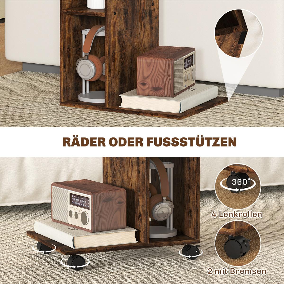 BEISTELLTISCH Couchtisch mit Rollen, 4 Regalen, Braun - Braun, Holzwerkstoff (40/30/69cm) - HOMCOM