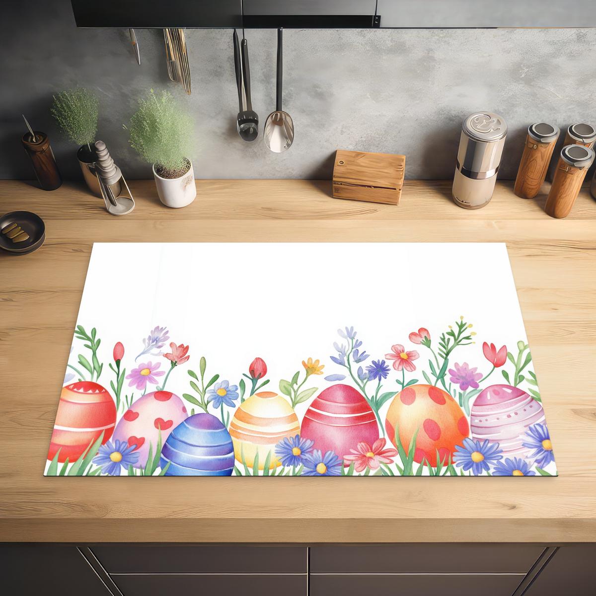 HERDABDECKPLATTE Blumengarten - Bunt - Eier Induktionsschutz 81.6x52.7 cm - Weiß, Kunststoff (81.6/52.7/0.2cm) - MuchoWow