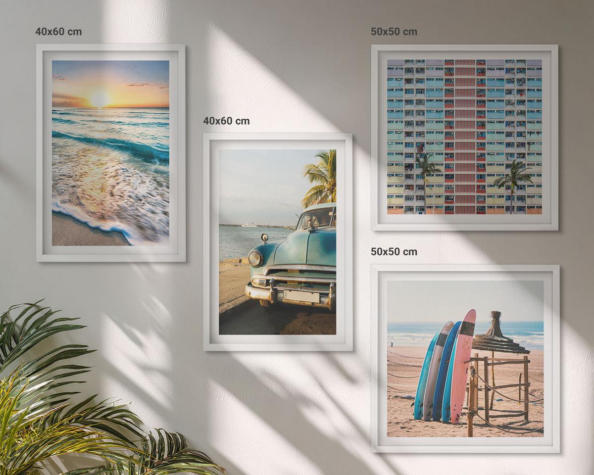 BILDER SET 4er Set - 50x50 cm & 40x60 cm Weißer Rahmen - Sonnenuntergang in Miami - Weiß, Kunststoff (50/50cm) - TULUP