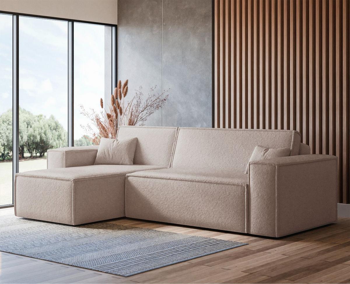 ECKSOFA Scarlo Hellbeige Bouclé-Bezug - Ecru/Schwarz, Kunststoff/Textil (244/145cm) - Selsey
