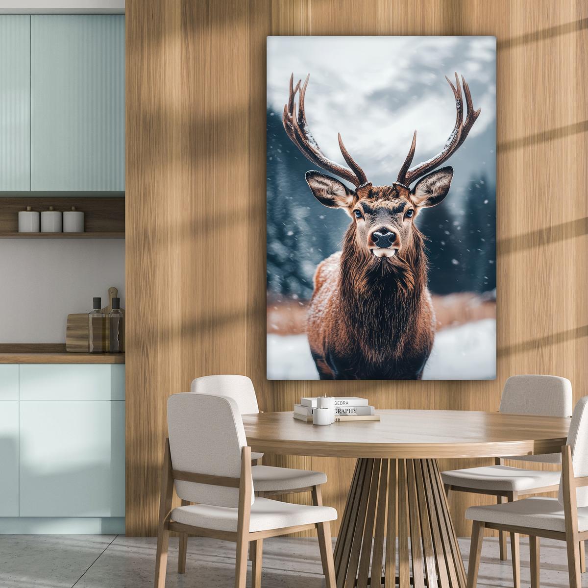 LEINWANDBILD Hirsche - Tiere - Landschaft - Winter - Schnee Deko Groß 90x140 cm - Kastanienfarben, Textil (90/140cm) - MuchoWow