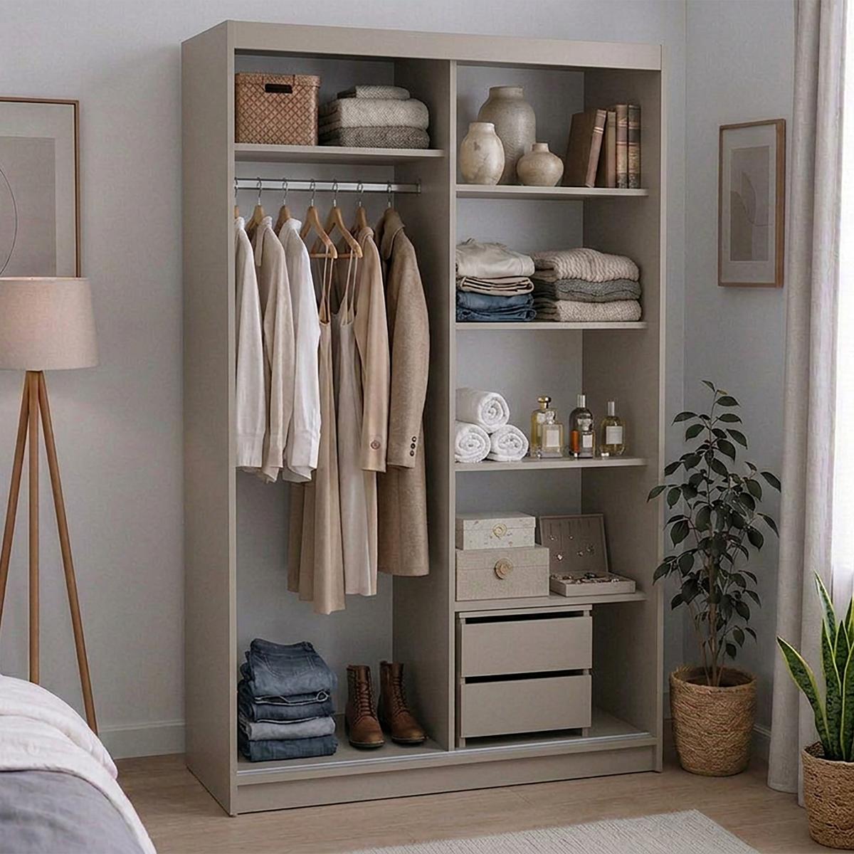 SCHWEBETÜRENSCHRANK Donatello mit 2 Türen und Schubkasteneinsatz, 120 cm, Kaschmir+eiche Artisan - Kaschmir/Eiche Artisan, Holzwerkstoff (120/205/60cm) - Beautysofa