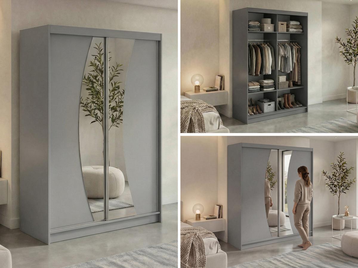 SCHWEBETÜRENSCHRANK 150 - VERONA - Grau mit Spiegel - Alufarben/Grau, Holzwerkstoff/Metall (150/216/61cm) - MKS