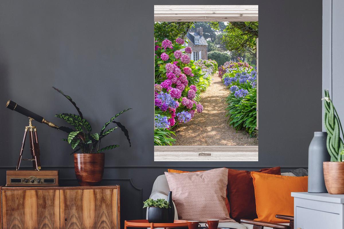 WANDTATTOO Hortensie - Durchsichtig - Blumen - Sommer - Lila - Weg Wandaufkleber 80x120 cm - Lila, Kunststoff (80/120/0.1cm) - MuchoWow