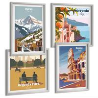 BILDER SET 4er Set - 50x50 cm & 40x60 cm Silberner Rahmen - Retro-Illustrationen berühmter Orte - Silberfarben, Kunststoff (50/50cm) - TULUP