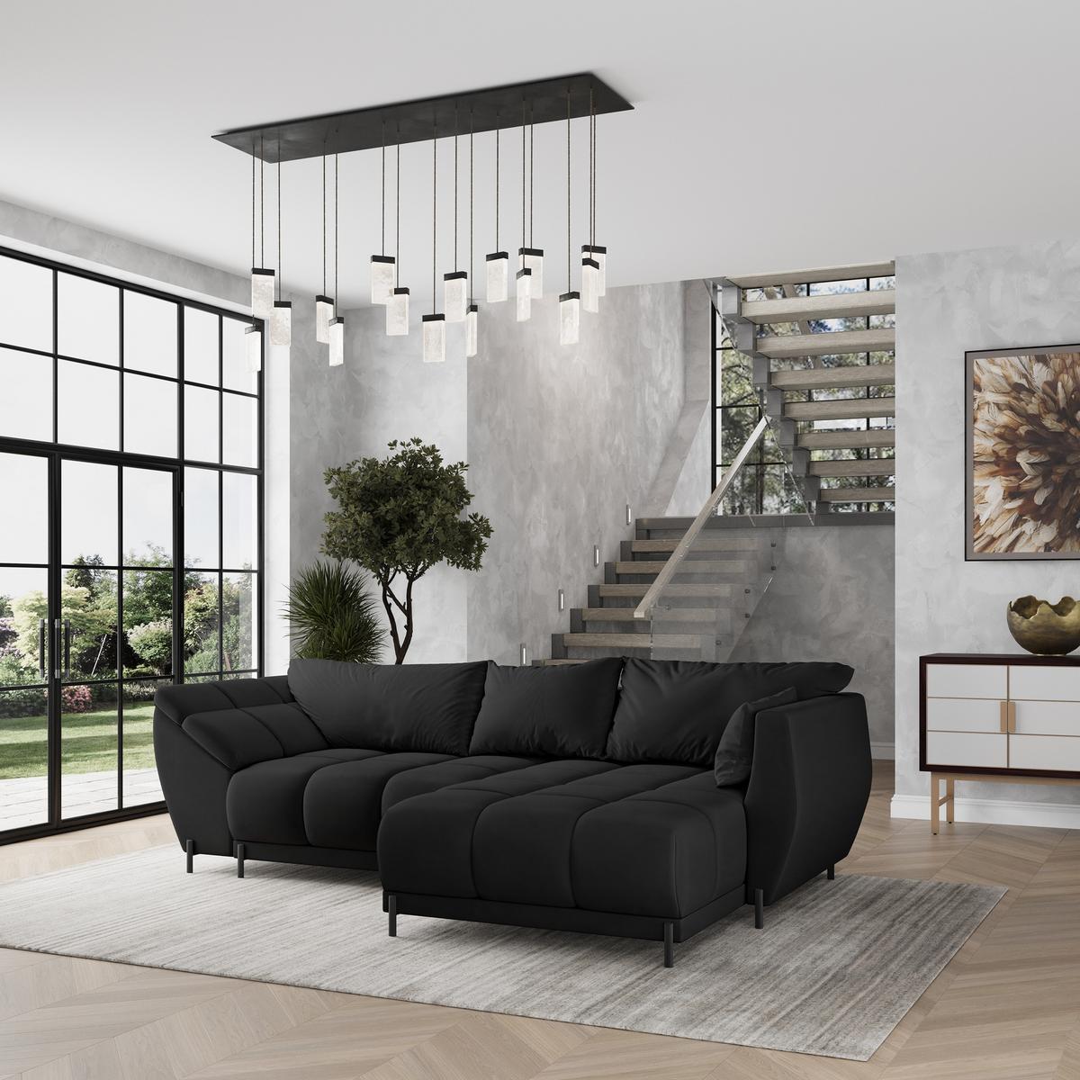 ECKSOFA VESTANO R-S Schwarz Velours-Stoff mit Schlaffunktion - Schwarz, Holz (287/182cm) - MASSENO
