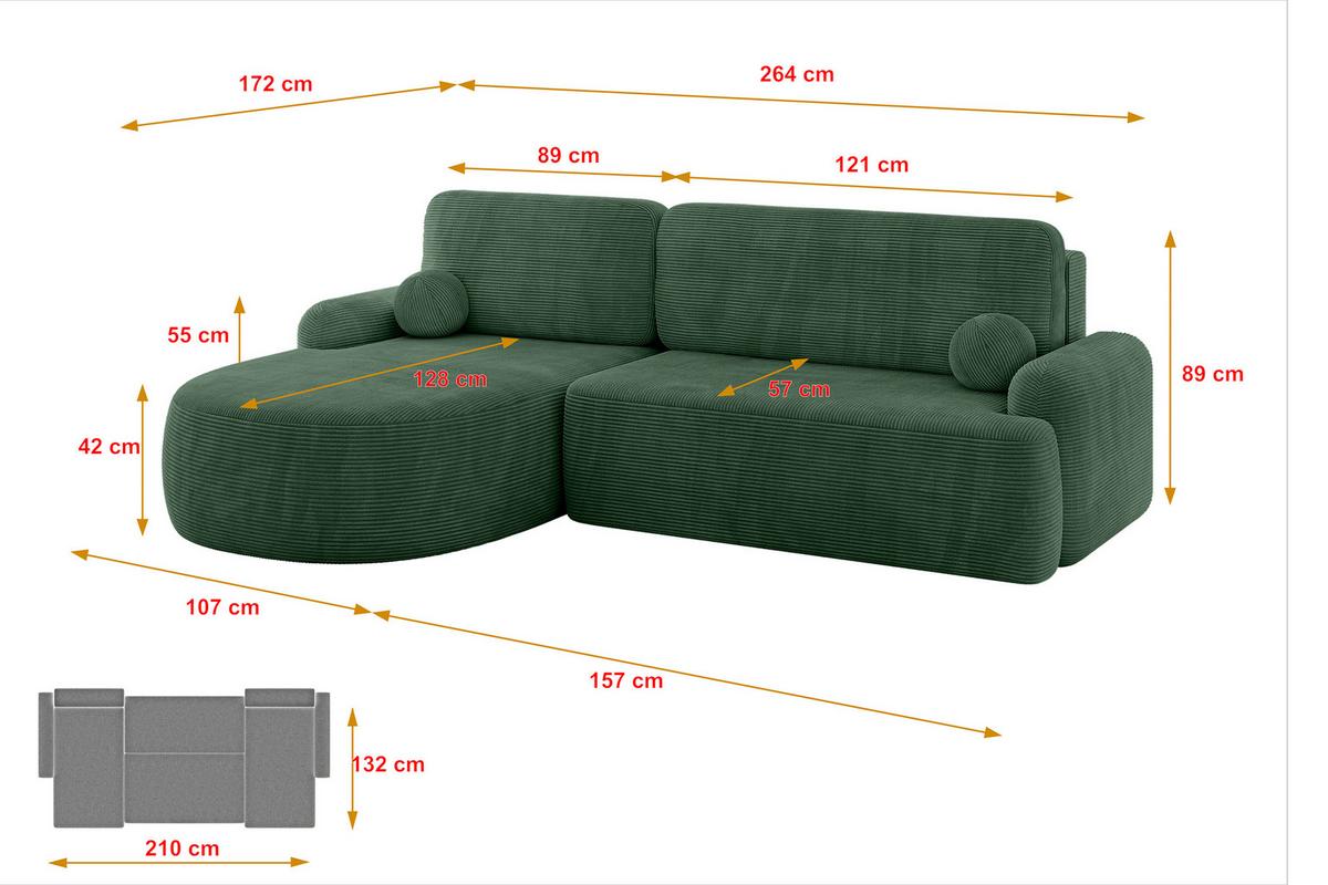 ECKSOFA mit Schlaffunktion und Bettkasten LIRA-L - 264x172x89 Grün - Grün, Holzwerkstoff/Textil (264/172cm) - ALTDECOR