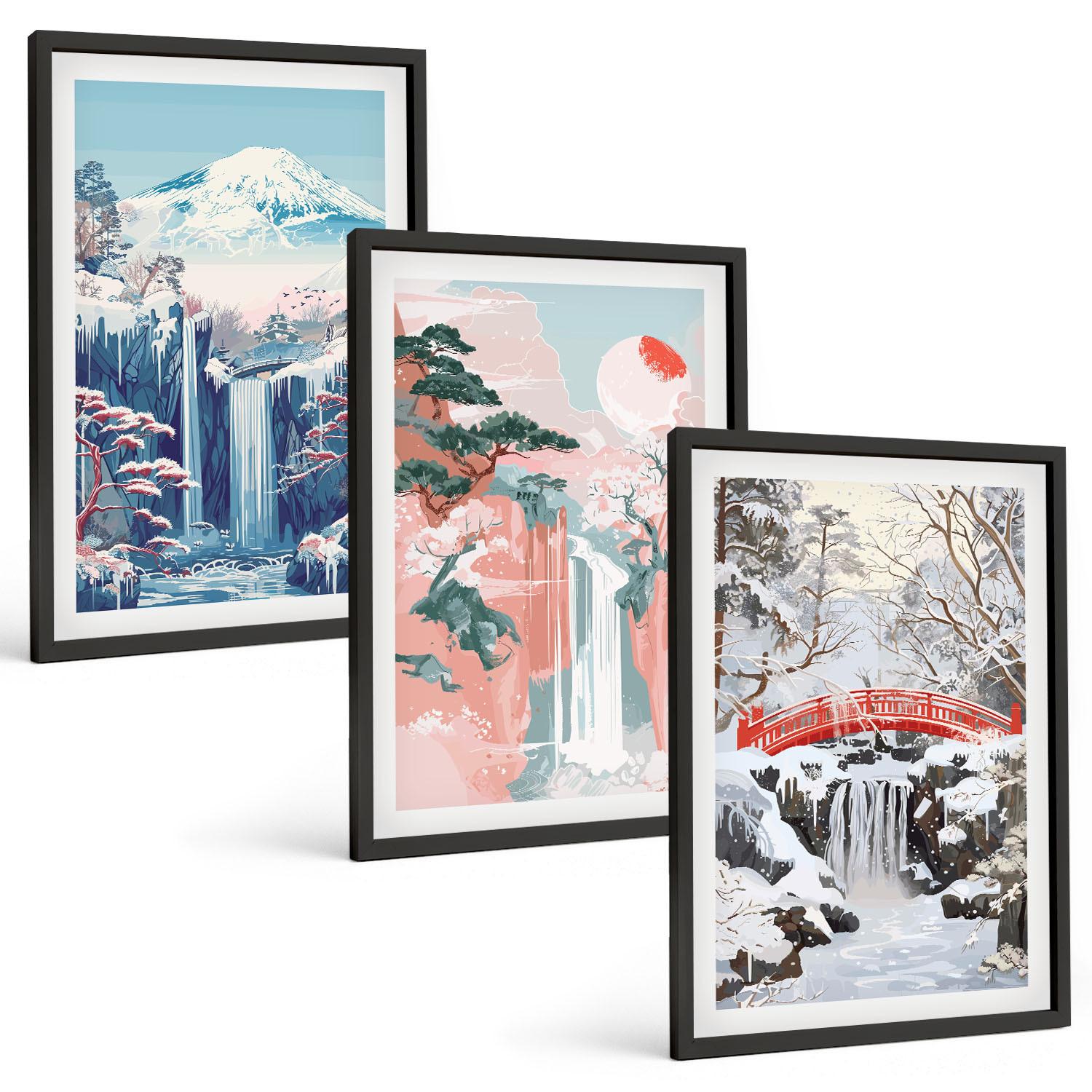 BILDER SET 3er Set - 40x60 cm Schwarzer Rahmen - Berglandschaften, Wasserfälle - Schwarz, Kunststoff (40/60cm) - TULUP