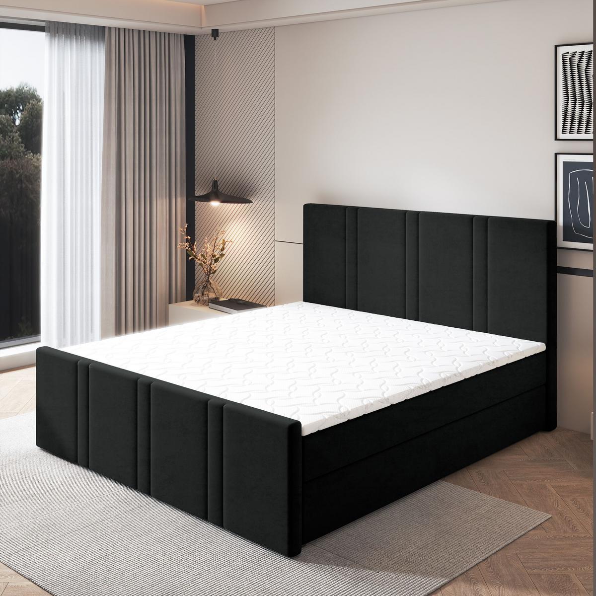 BOXBETT COMOZA 160x200 cm mit Matratze und Topper - Schwarz - Schwarz, Holz (160/200cm) - MASSENO