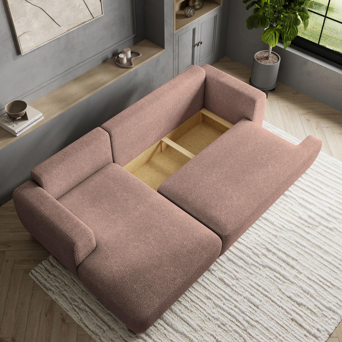 ECKSOFA SENTI N L-S Rosa Boucle-Stoff mit Schlaffunktion - Schwarz/Rosa, Holz/Kunststoff (246/148cm) - MASSENO