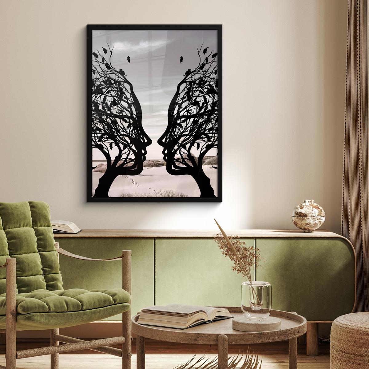 POSTER MIT RAHMEN Strand - Meer - Menschen - Baum - Moderne Kunst Posterleiste 60x80 cm - Hellgrau, Papier (60/80cm) - MuchoWow
